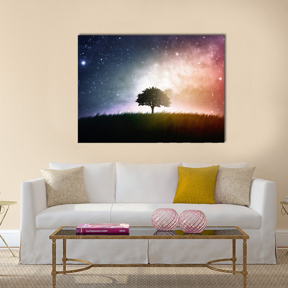 A single tree in a field with beautiful space background Multi Panel Canvas Wall Art