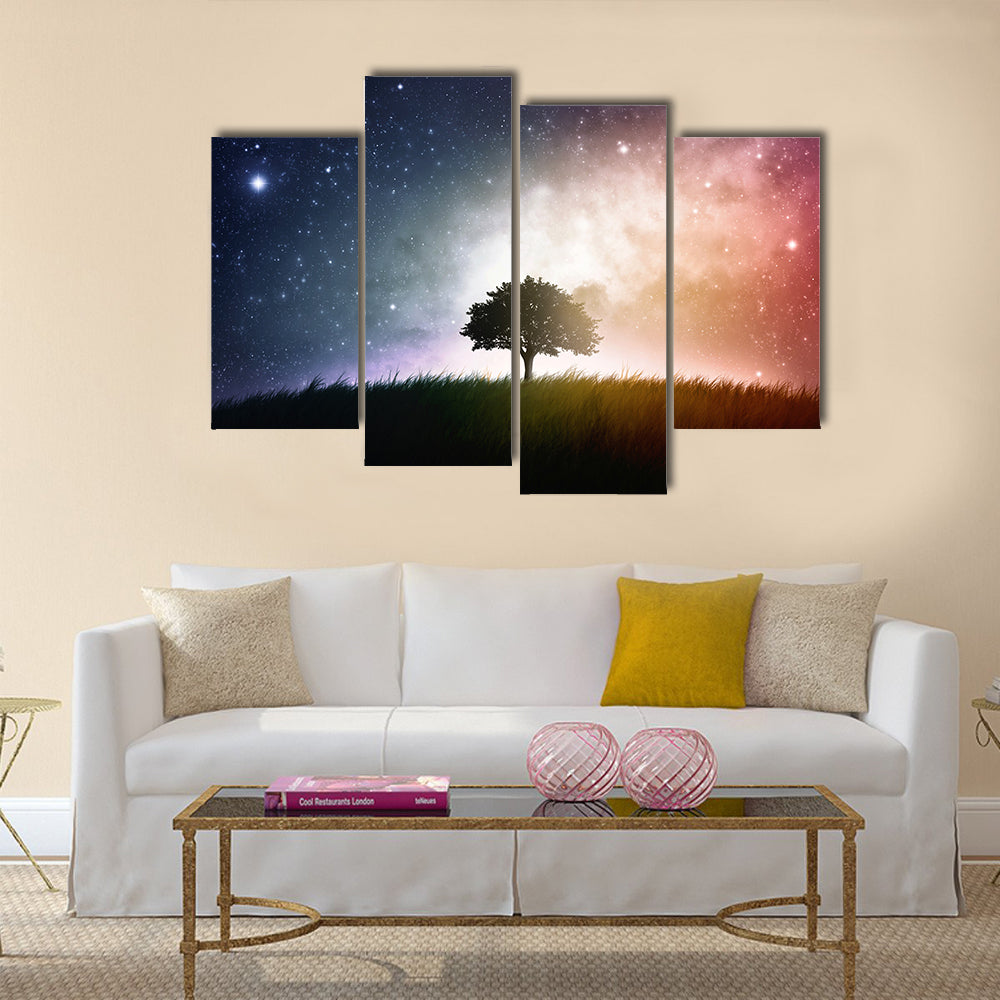 A single tree in a field with beautiful space background Multi Panel Canvas Wall Art