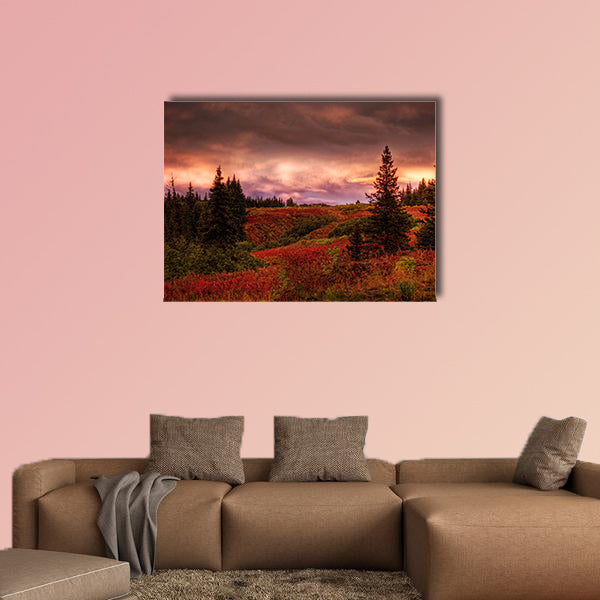 Fall sunset in rural Alaska with spruce trees and red fireweed with pink clouds multi panel canvas wall art