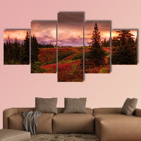 Fall sunset in rural Alaska with spruce trees and red fireweed with pink clouds multi panel canvas wall art