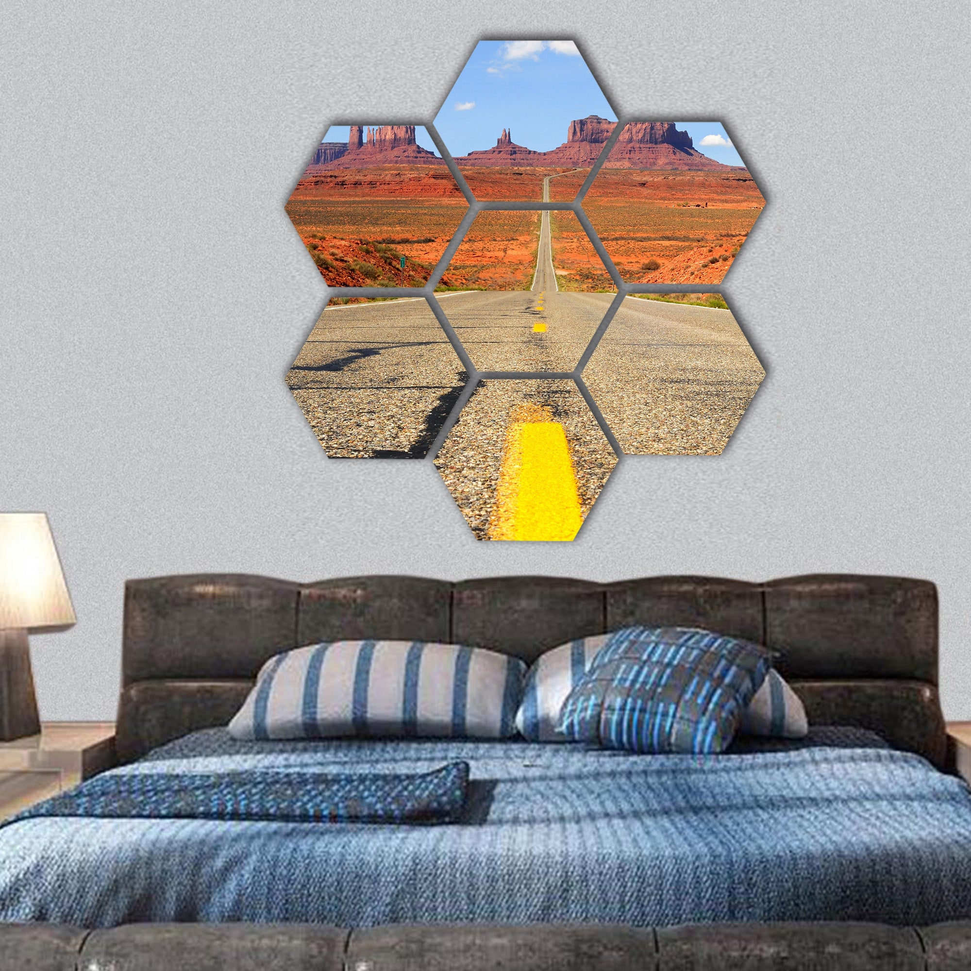 Utah state route 163 leading south to Monument Valley hexagonal canvas wall art