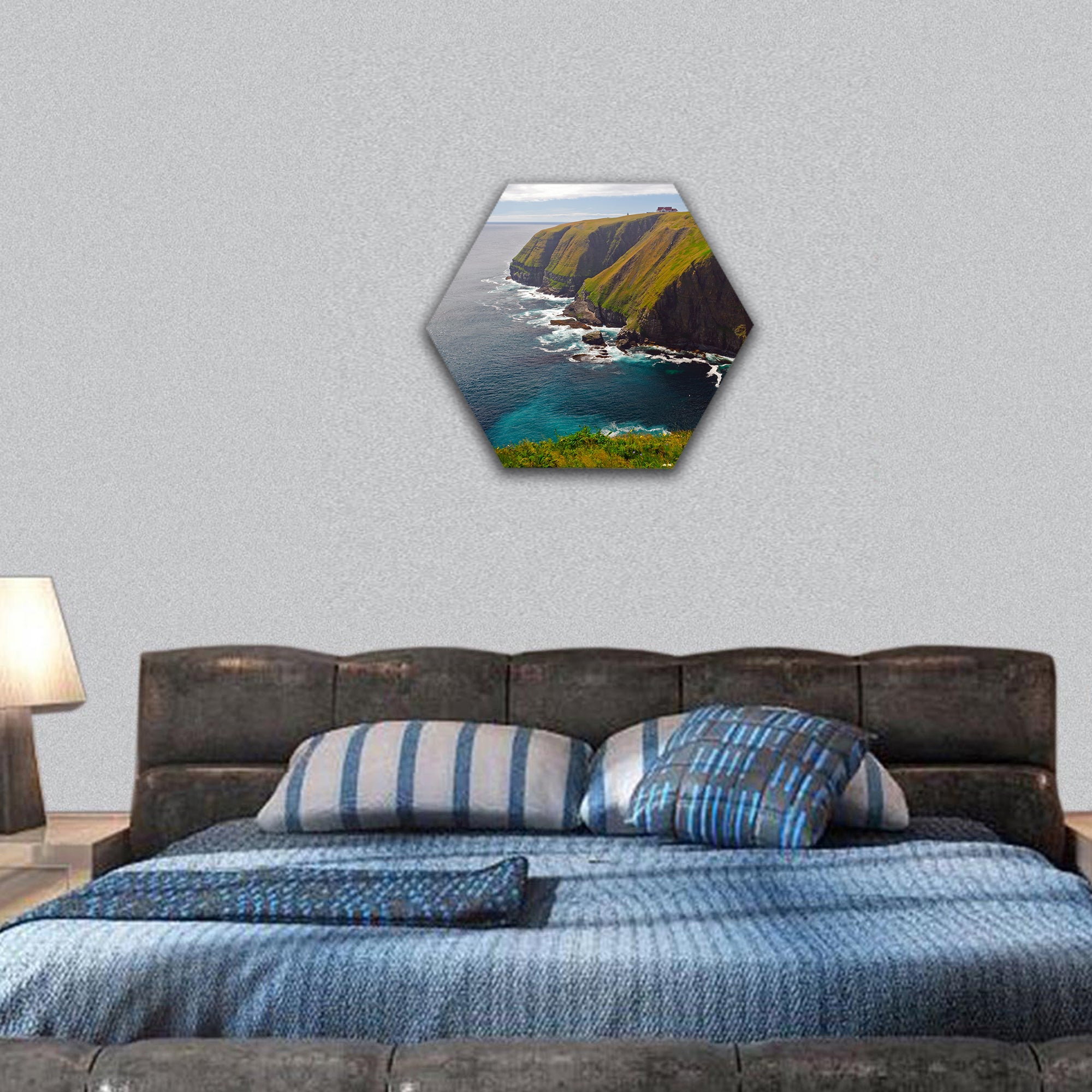 Coastal cliffs on Cape St Mary in Newfoundland hexagonal canvas wall art