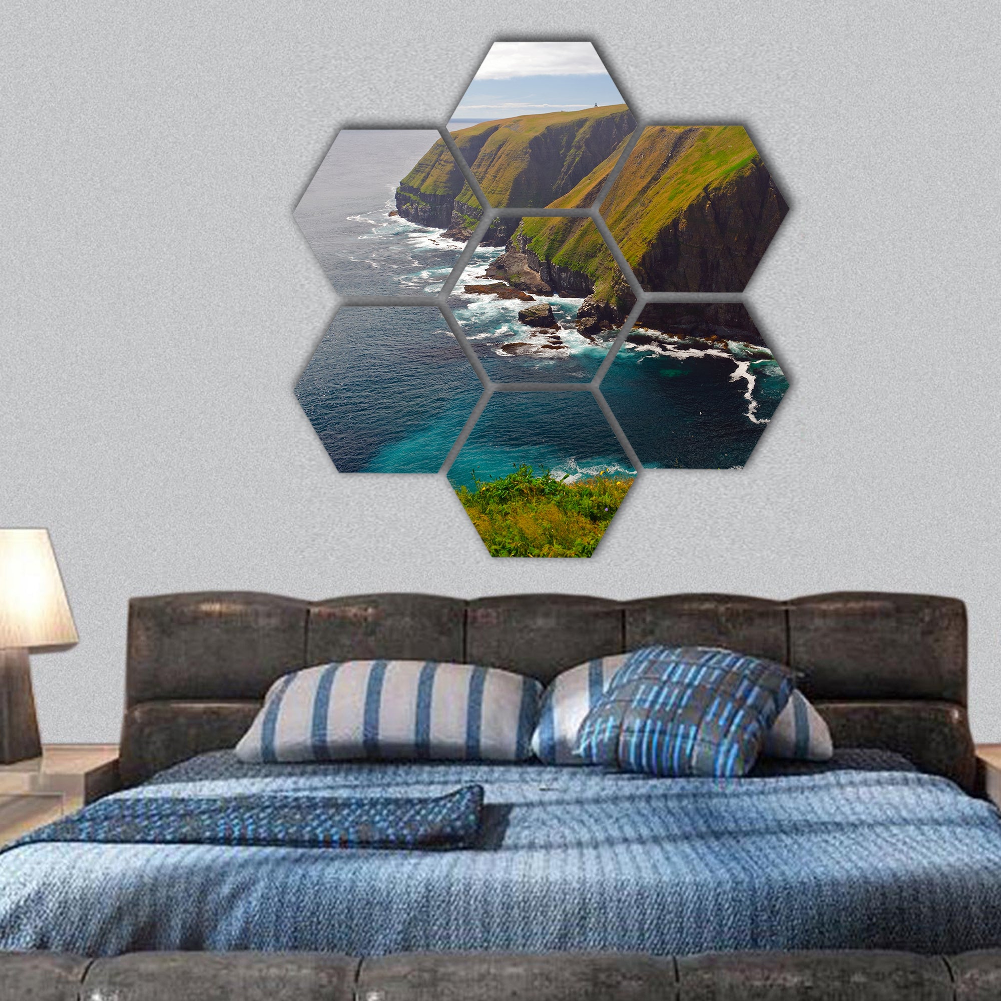 Coastal cliffs on Cape St Mary in Newfoundland hexagonal canvas wall art