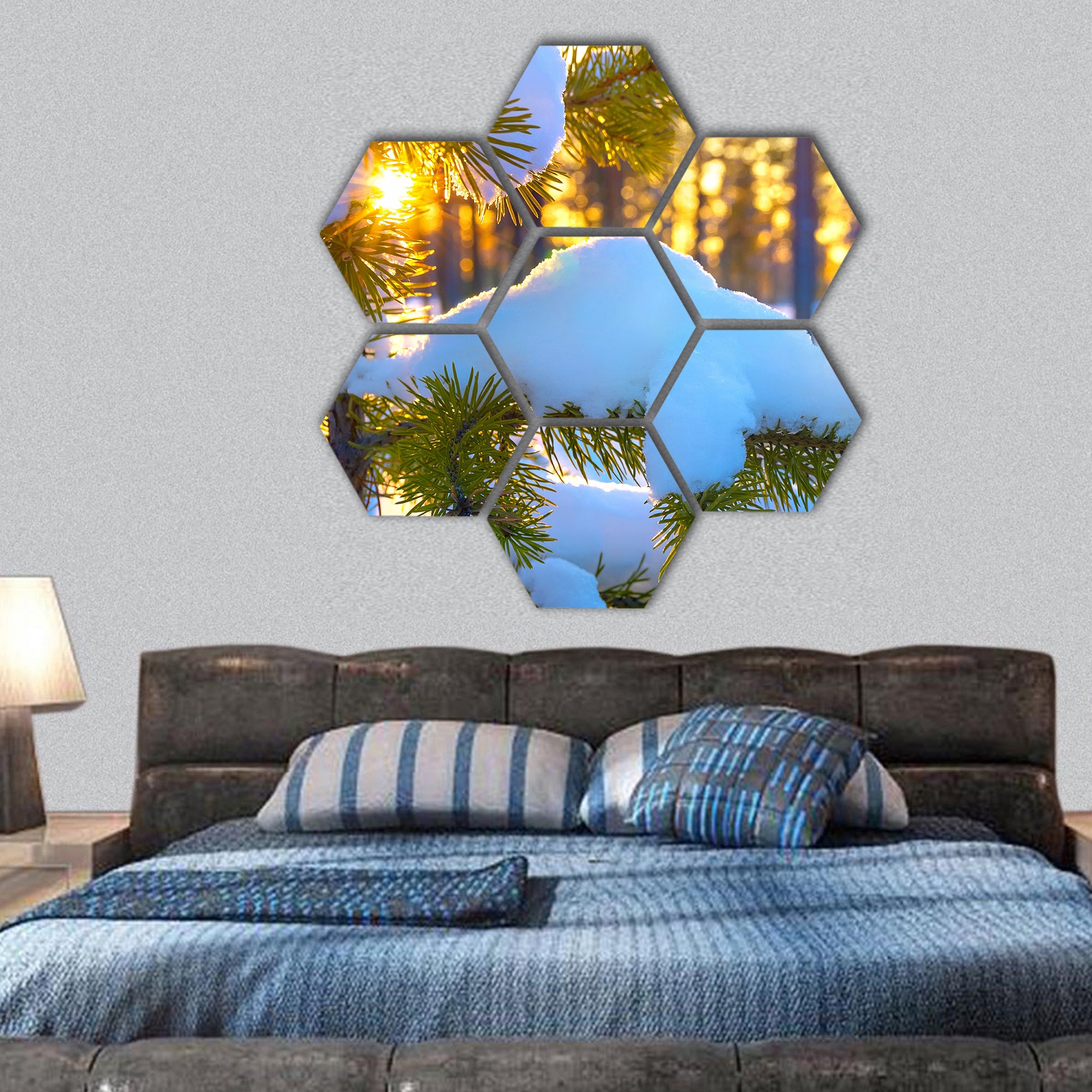 Pine branch in snow Winter sunset in the forest hexagonal canvas wall art