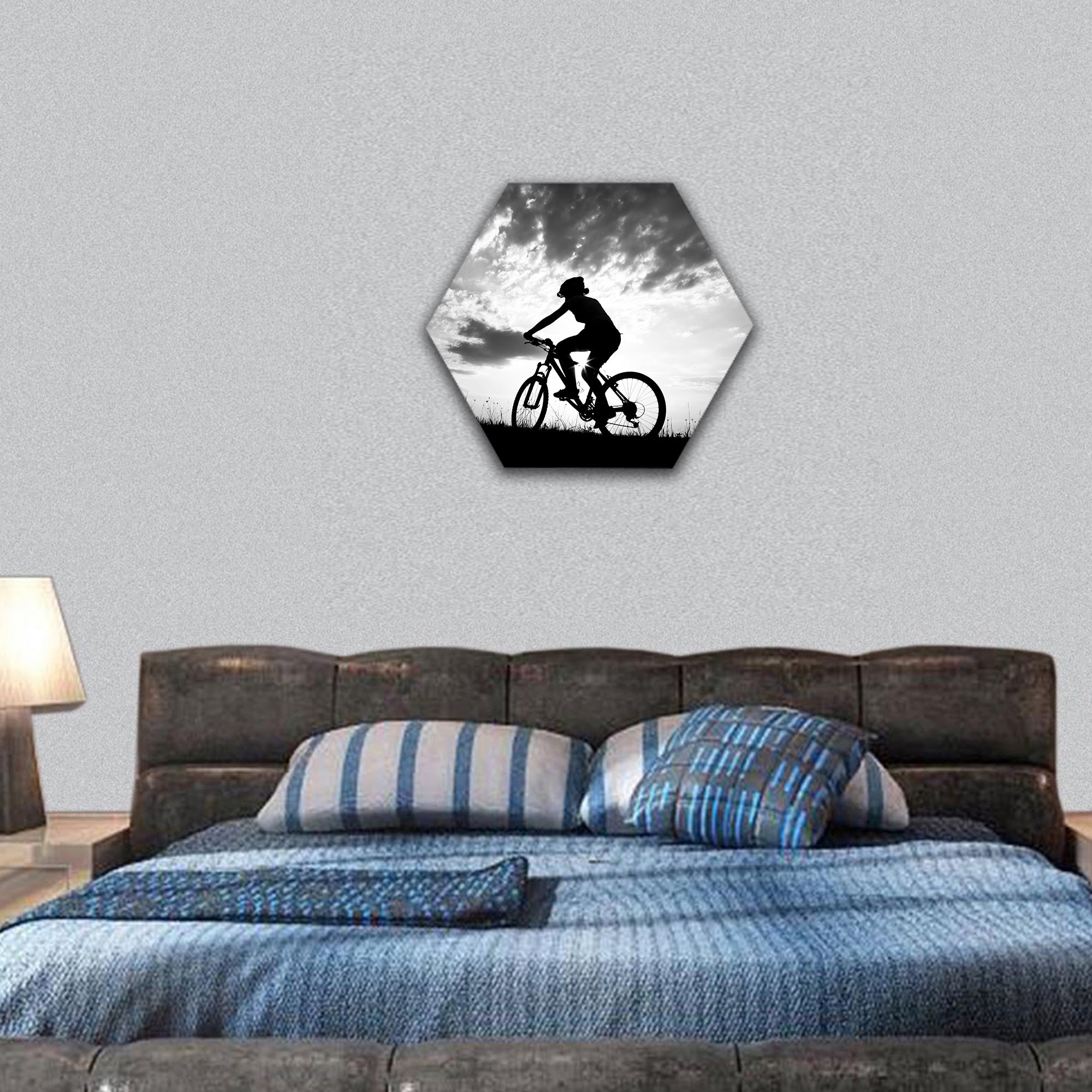 Biker-girl at the sunset on the meadow hexagonal canvas wall art