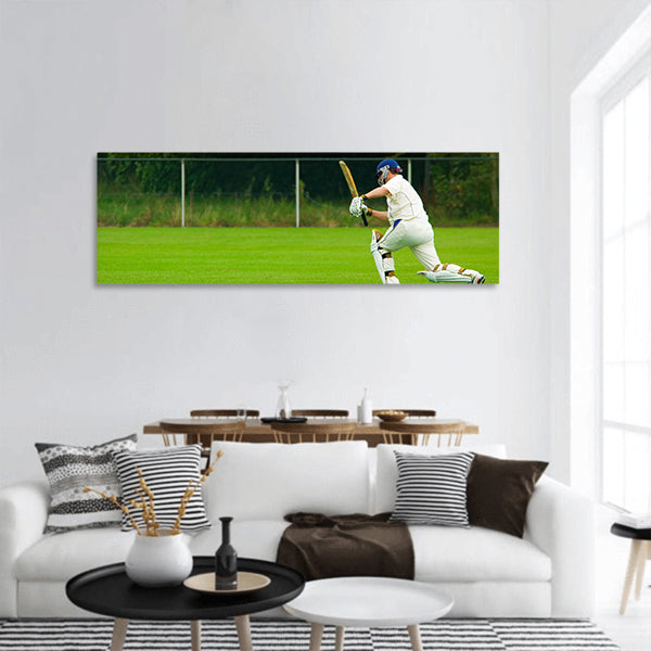 Cricket player in action panoramic canvas wall art