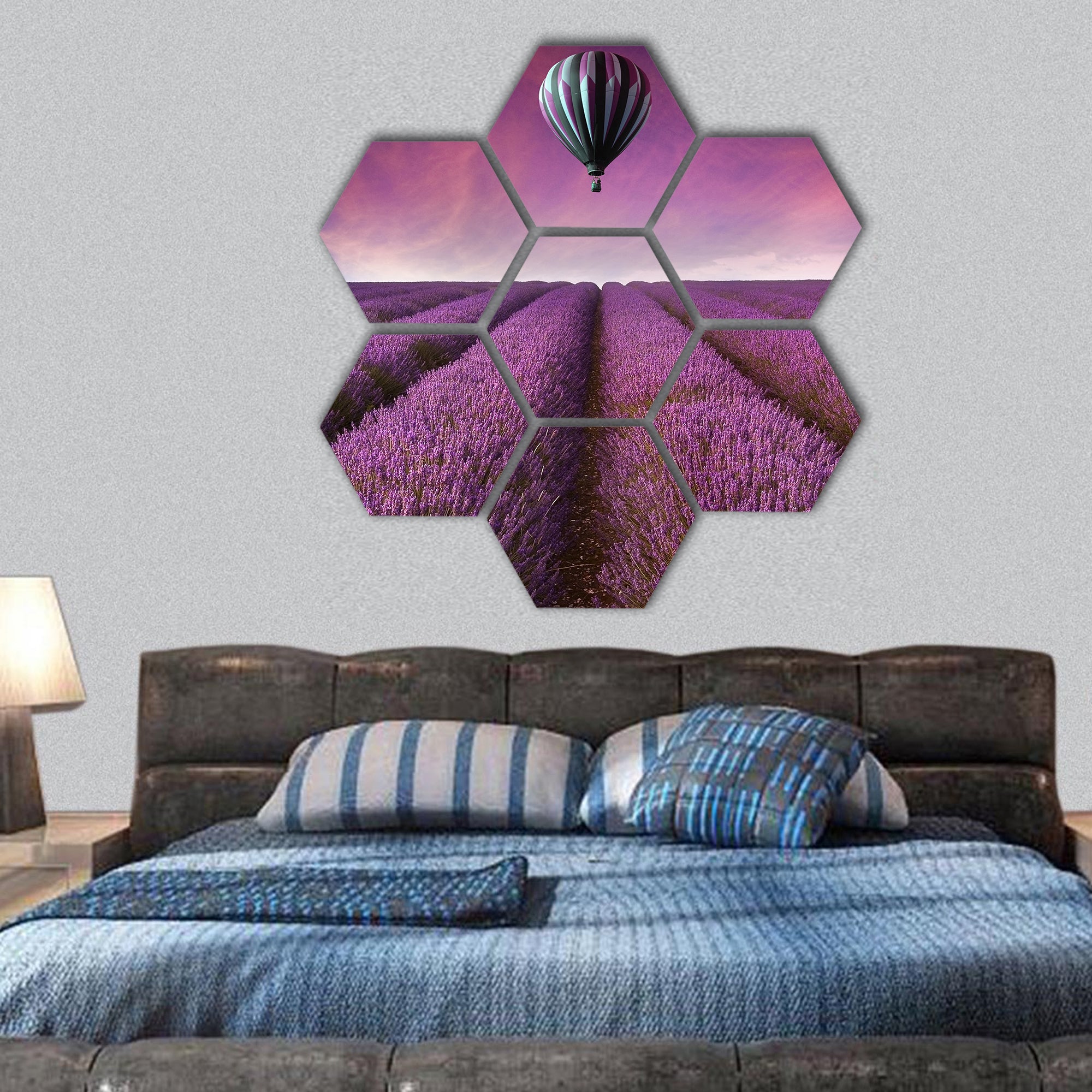 Lavender field Summer sunset landscape  hexagonal canvas wall art