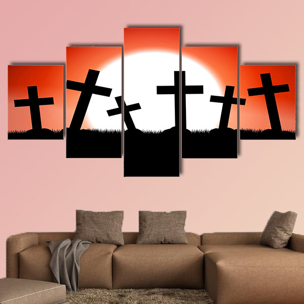 Halloween theme red moon on graveyard multi panel canvas wall art