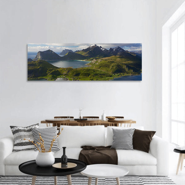 View of dramatic coastline on Lofoten islands in Norway panoramic canvas wall art