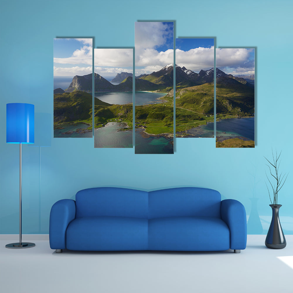 Scenic aerial view of dramatic coastline in Norway multi panel canvas wall art
