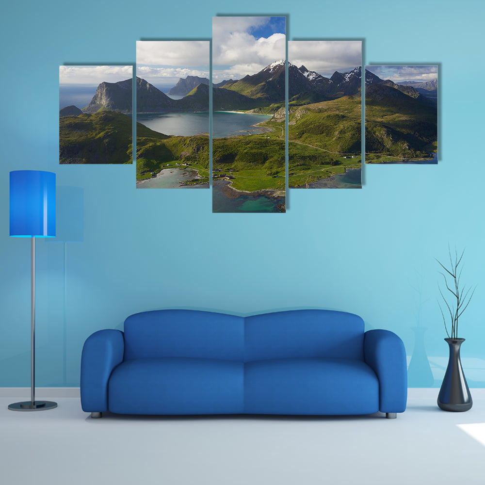 Scenic aerial view of dramatic coastline in Norway multi panel canvas wall art