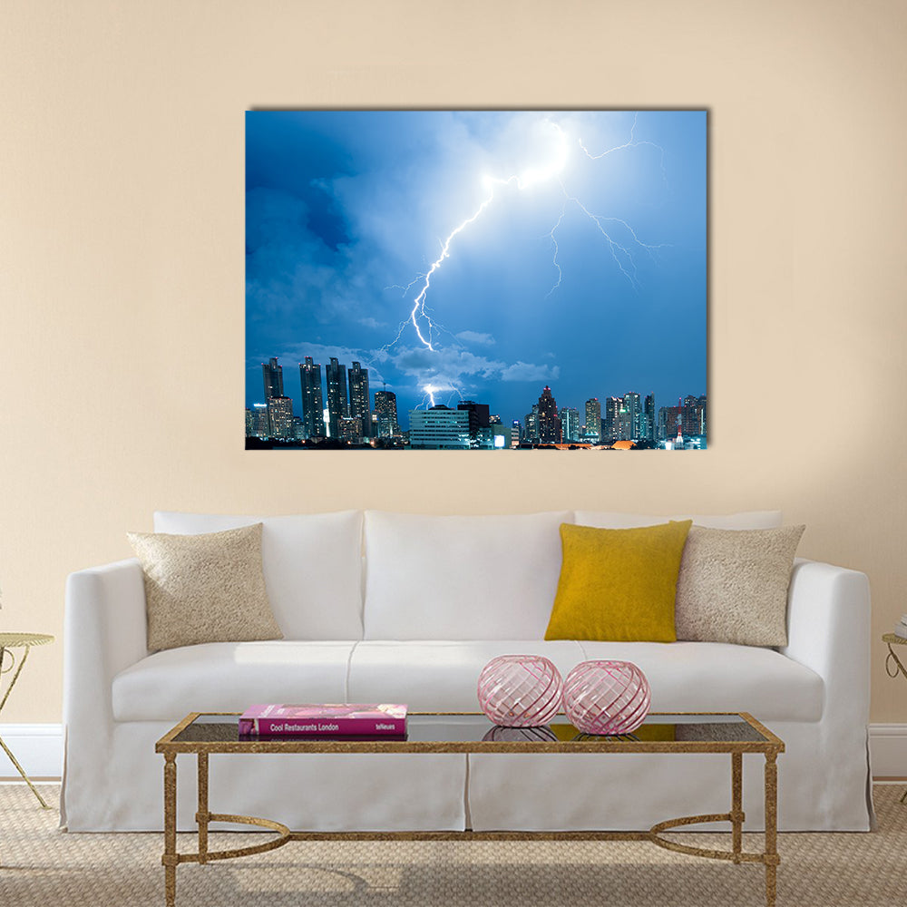 Real lightning bolt strike in a city Multi Panel Canvas Wall Art