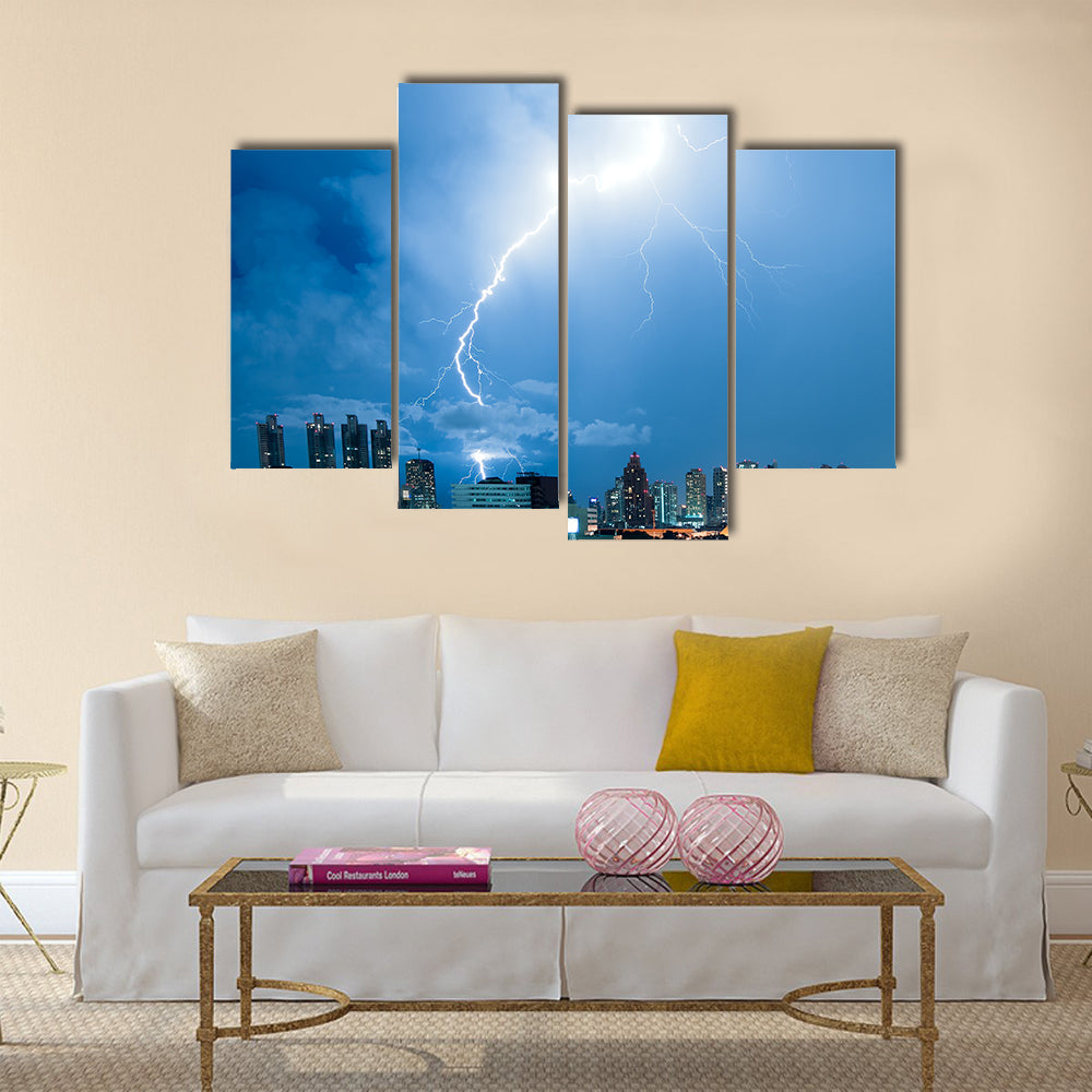 Real lightning bolt strike in a city Multi Panel Canvas Wall Art