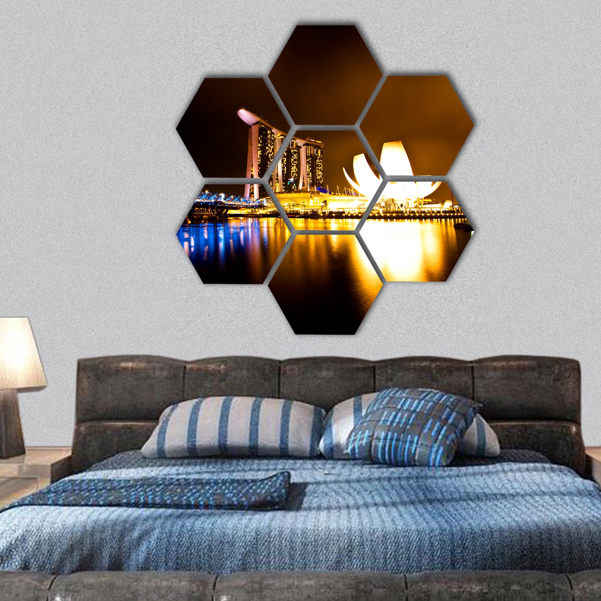 Marina bay view at night time, Singapore hexagonal canvas wall art
