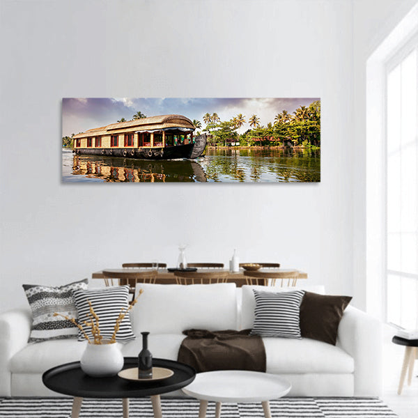 House boat in backwaters near palms in Alappuzha, India panoramic canvas wall art