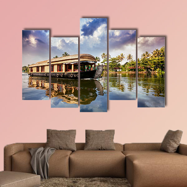 House boat in backwaters near palms in Alappuzha, Kerala, wall art