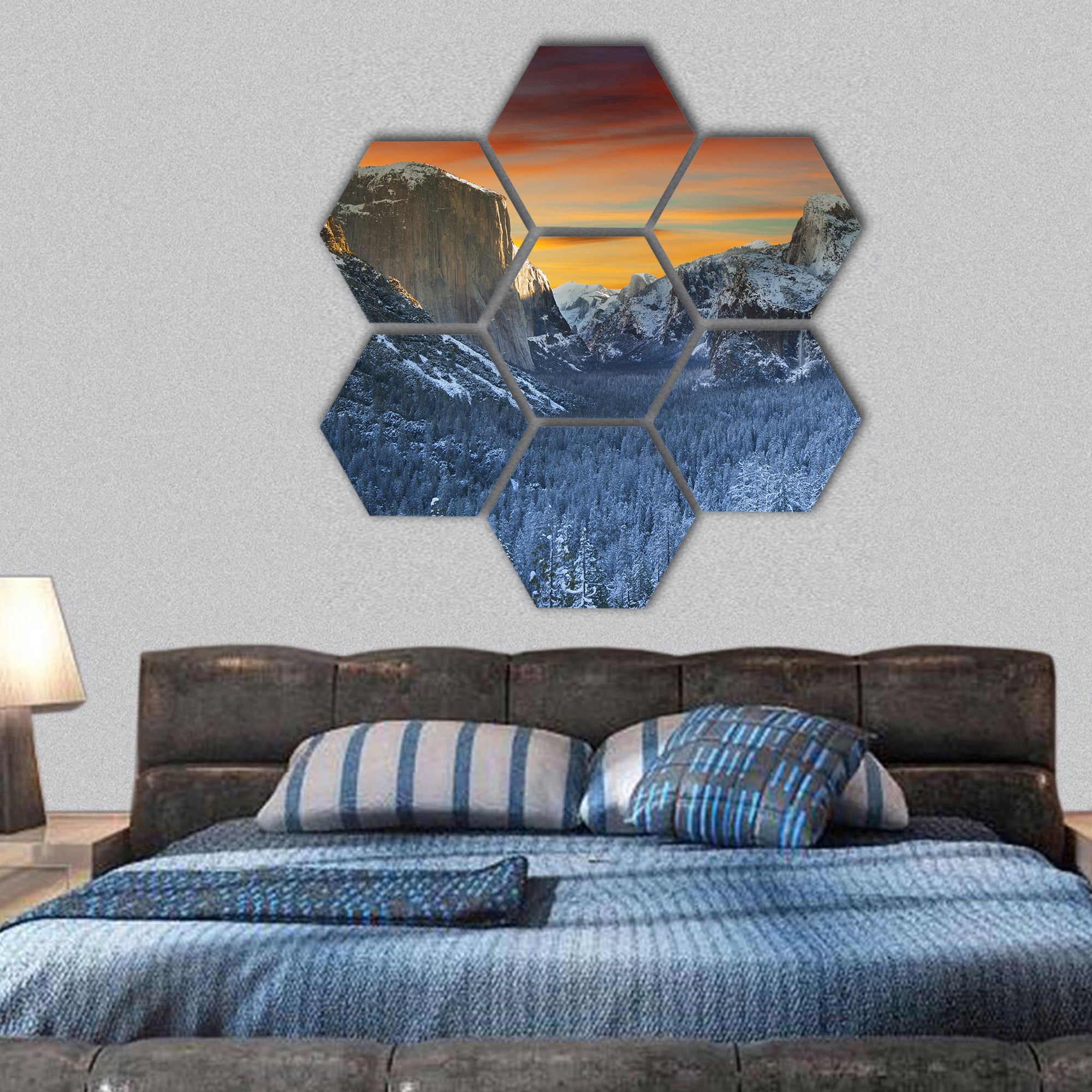 Yosemite National park in winter time hexagonal canvas wall art