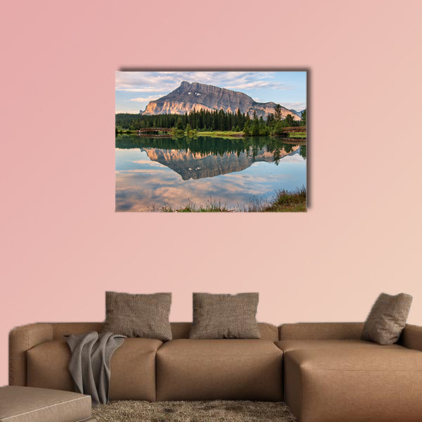 Rundle mountain reflected in pond with two bridges Multi panel canvas wall art