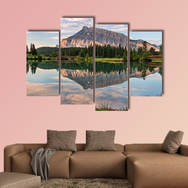 Rundle mountain reflected in pond with two bridges Multi panel canvas wall art