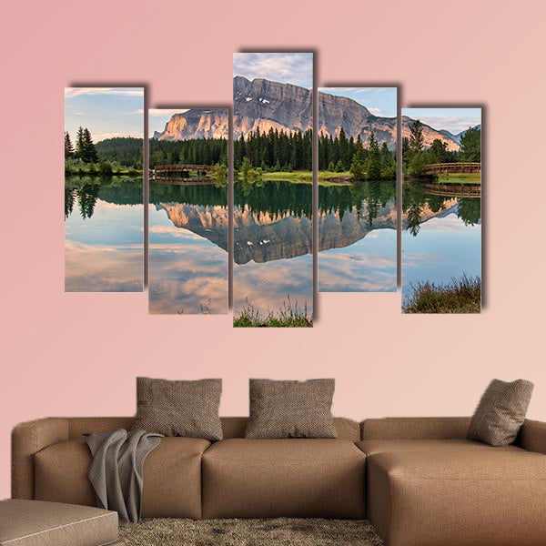 Rundle mountain reflected in pond with two bridges Multi panel canvas wall art