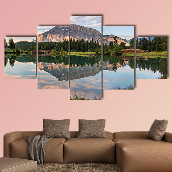 Rundle mountain reflected in pond with two bridges Multi panel canvas wall art
