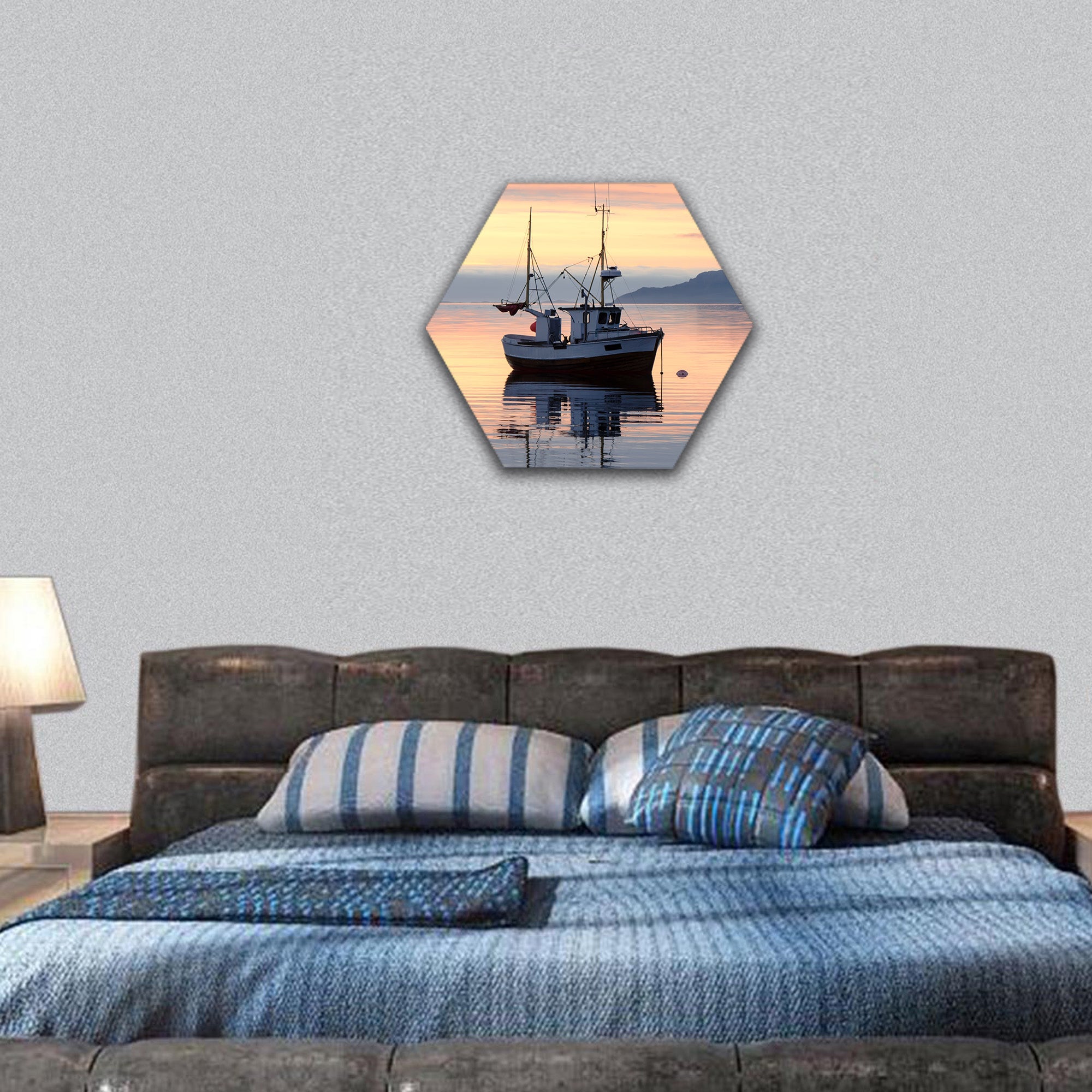 a fishing boat lies at sundown in the fjord hexagonal canvas wall art