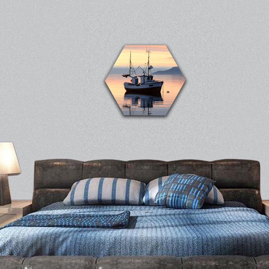 a fishing boat lies at sundown in the fjord hexagonal canvas wall art