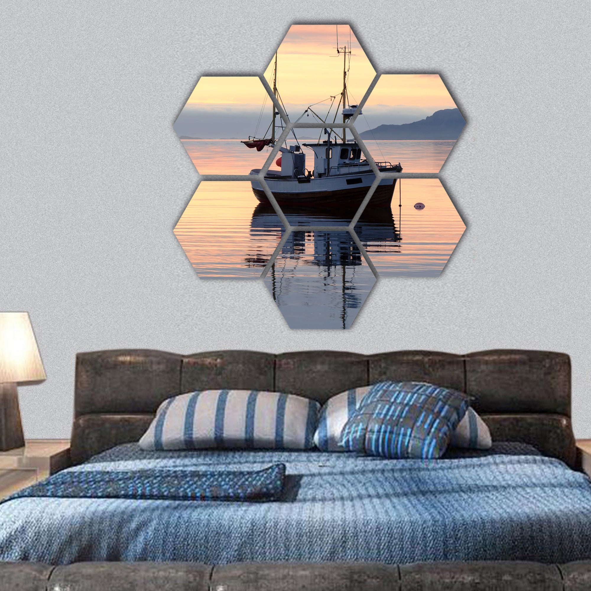 a fishing boat lies at sundown in the fjord hexagonal canvas wall art