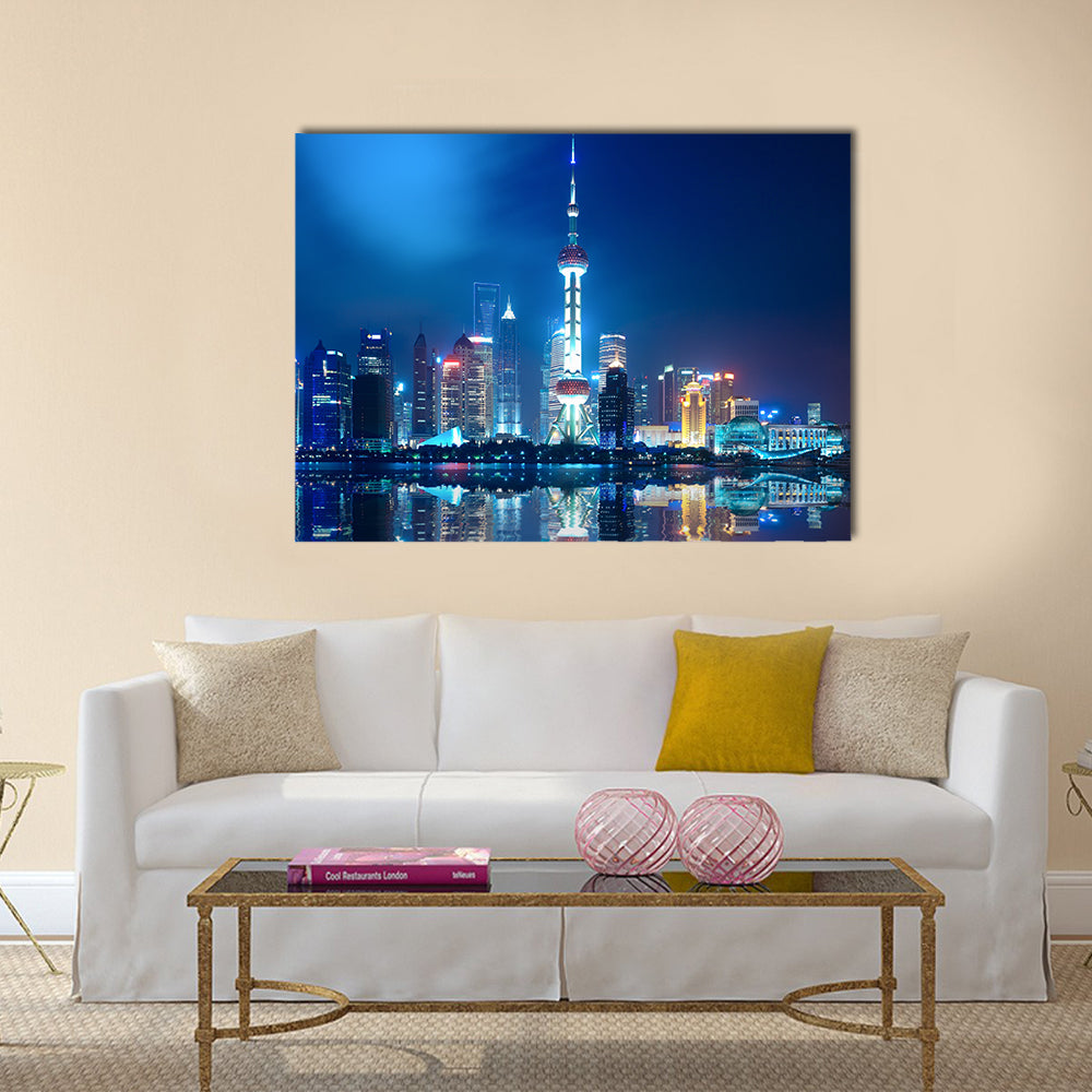 Night shanghai skyline with reflection multi panel canvas wall art