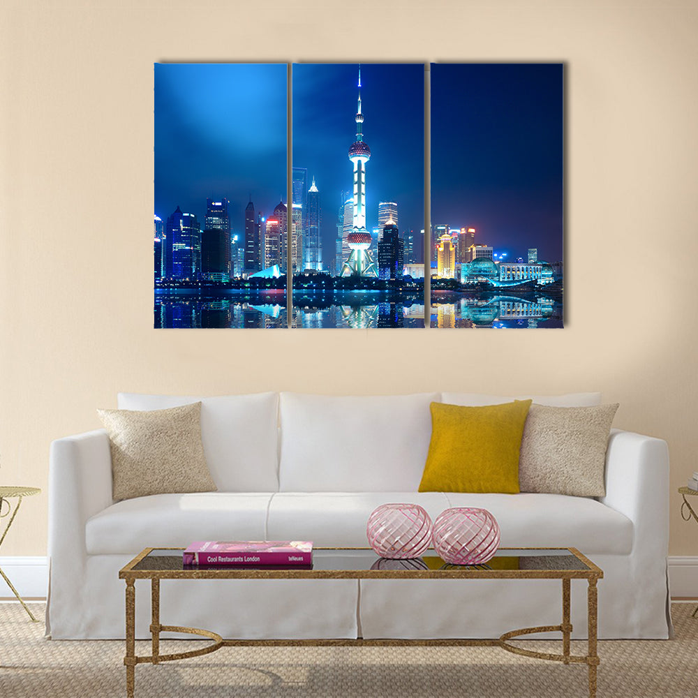 Night shanghai skyline with reflection multi panel canvas wall art