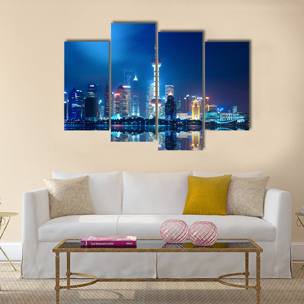 Night shanghai skyline with reflection multi panel canvas wall art
