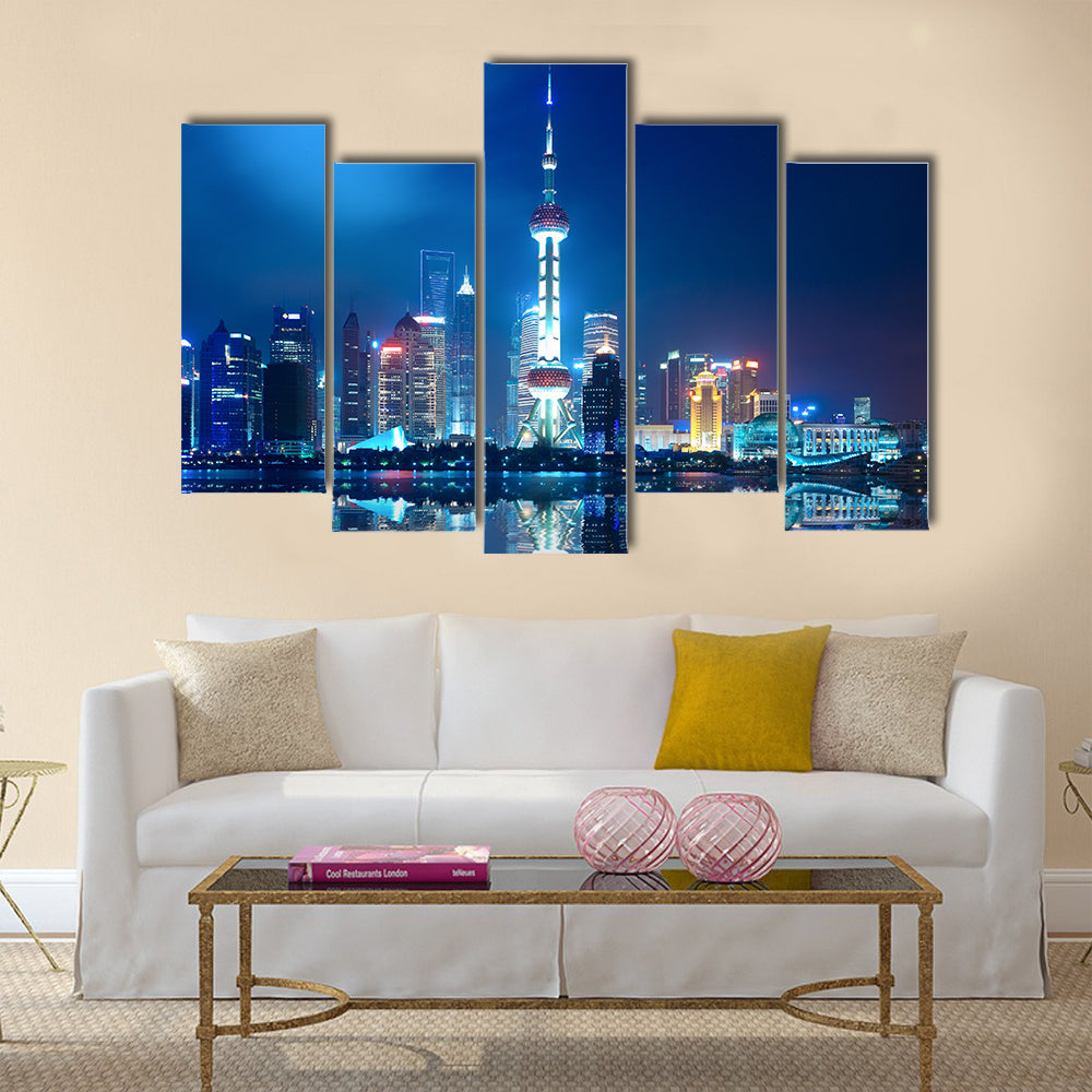 Night shanghai skyline with reflection multi panel canvas wall art