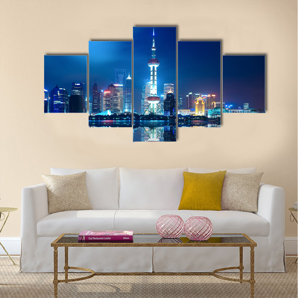 Night shanghai skyline with reflection multi panel canvas wall art