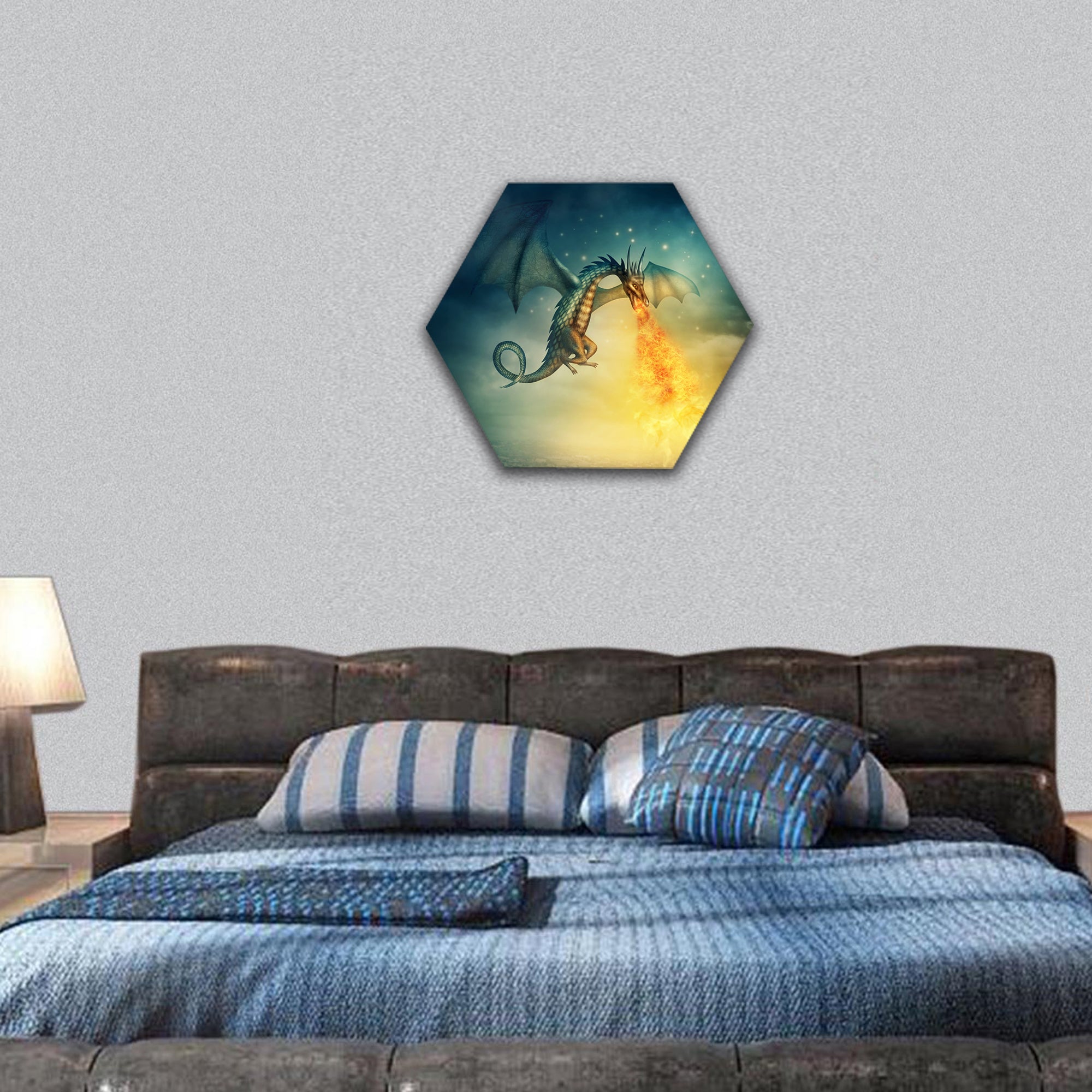 Flying fantasy dragon at night hexagonal canvas wall art