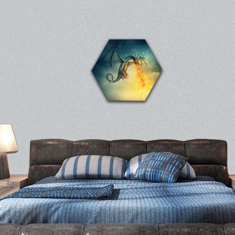 Flying fantasy dragon at night hexagonal canvas wall art