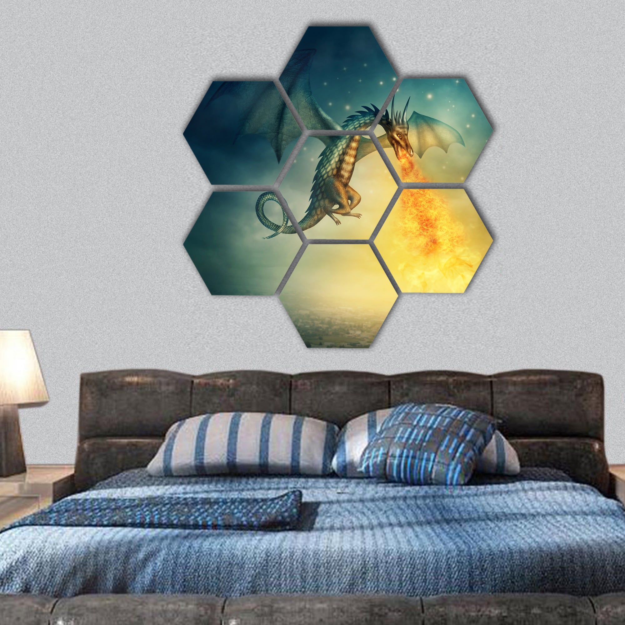 Flying fantasy dragon at night hexagonal canvas wall art