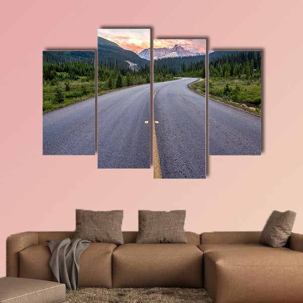 Winding road that leads to beautiful sunset lit mountains wall art