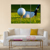 Golf ball on tee in front of driver on a gold course Multi Panel Canvas Wall Art