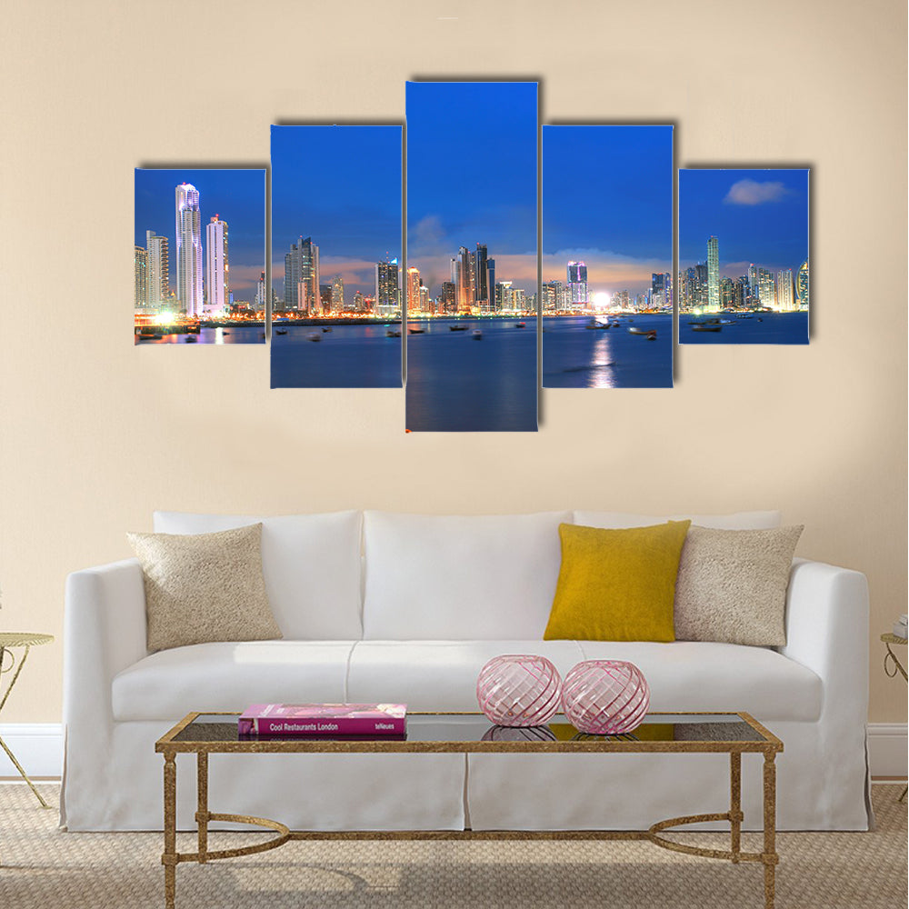 skyline and Bay of Panama, Panama, Central America in the sunset Multi panel canvas wall art