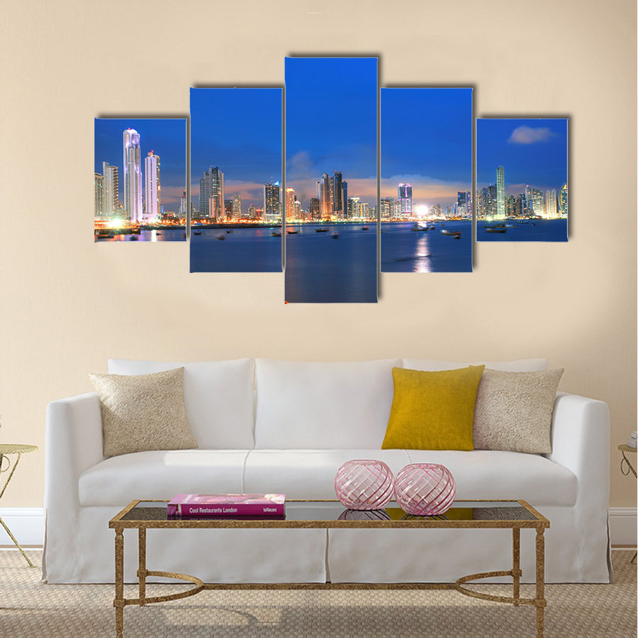 skyline and Bay of Panama, Panama, Central America in the sunset Multi panel canvas wall art