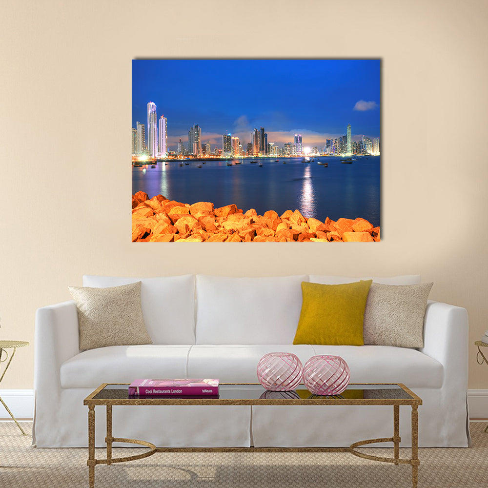 Panama City, city center skyline and Bay of Panama multi panel canvas wall art