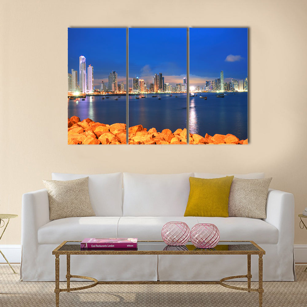 Panama City, city center skyline and Bay of Panama multi panel canvas wall art