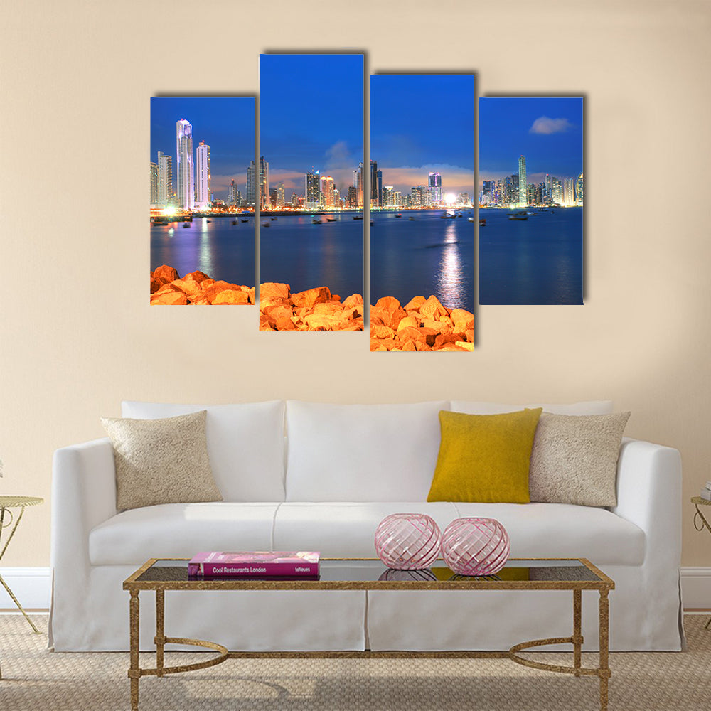 Panama City, city center skyline and Bay of Panama multi panel canvas wall art
