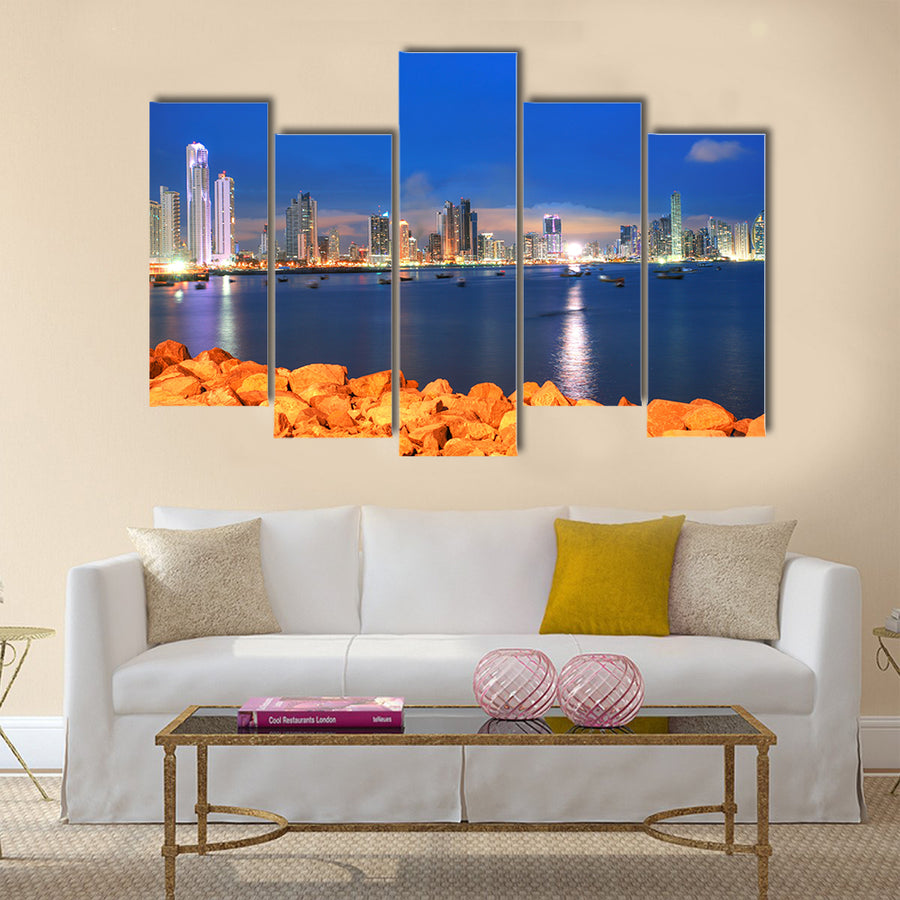 Panama City, city center skyline and Bay of Panama multi panel canvas wall art