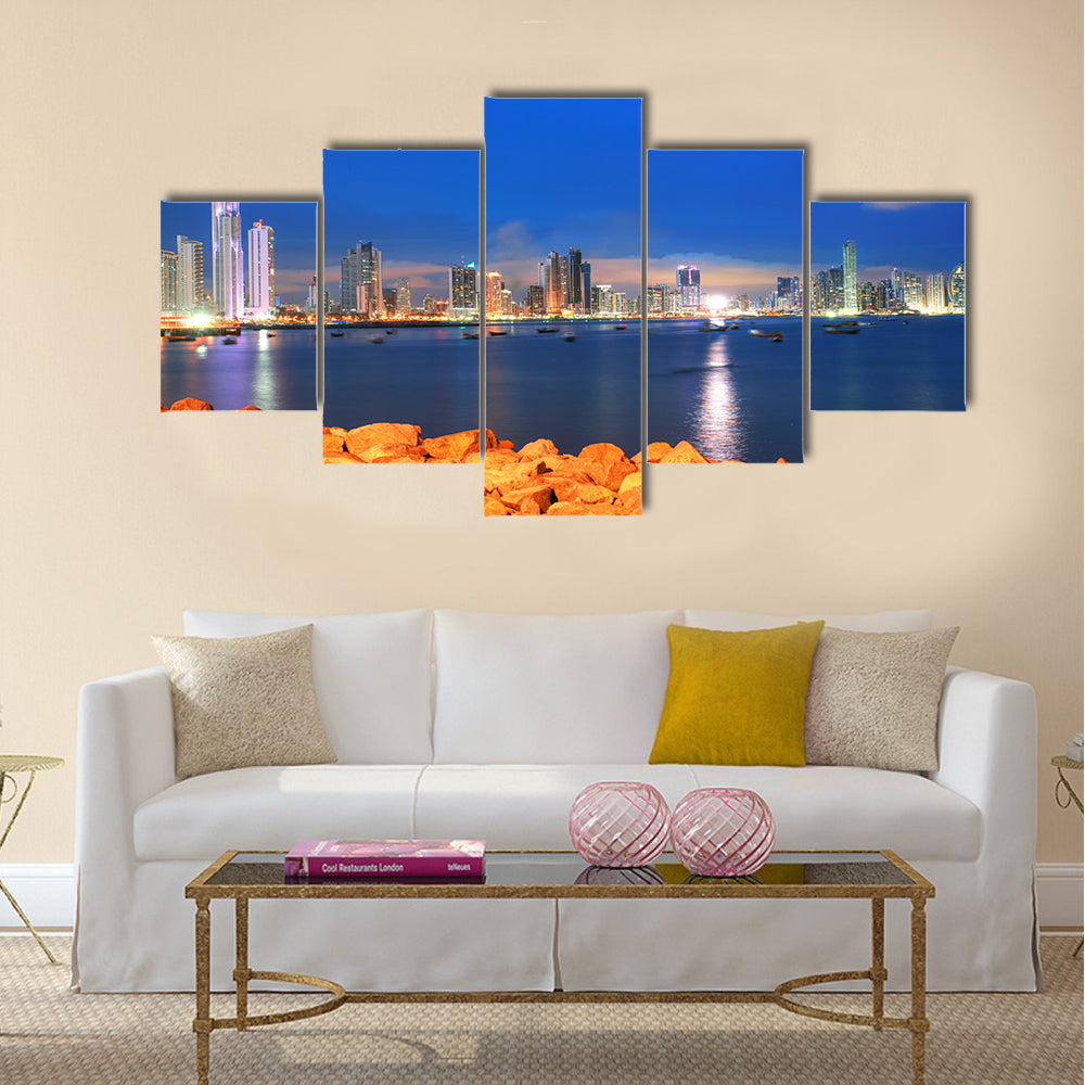 Panama City, city center skyline and Bay of Panama multi panel canvas wall art