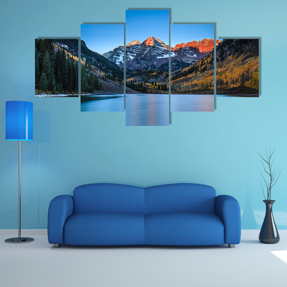 The Scenery Of The Sunrise At Maroon Bells With Fall Color, Colorado Multi Panel Canvas Wall Art