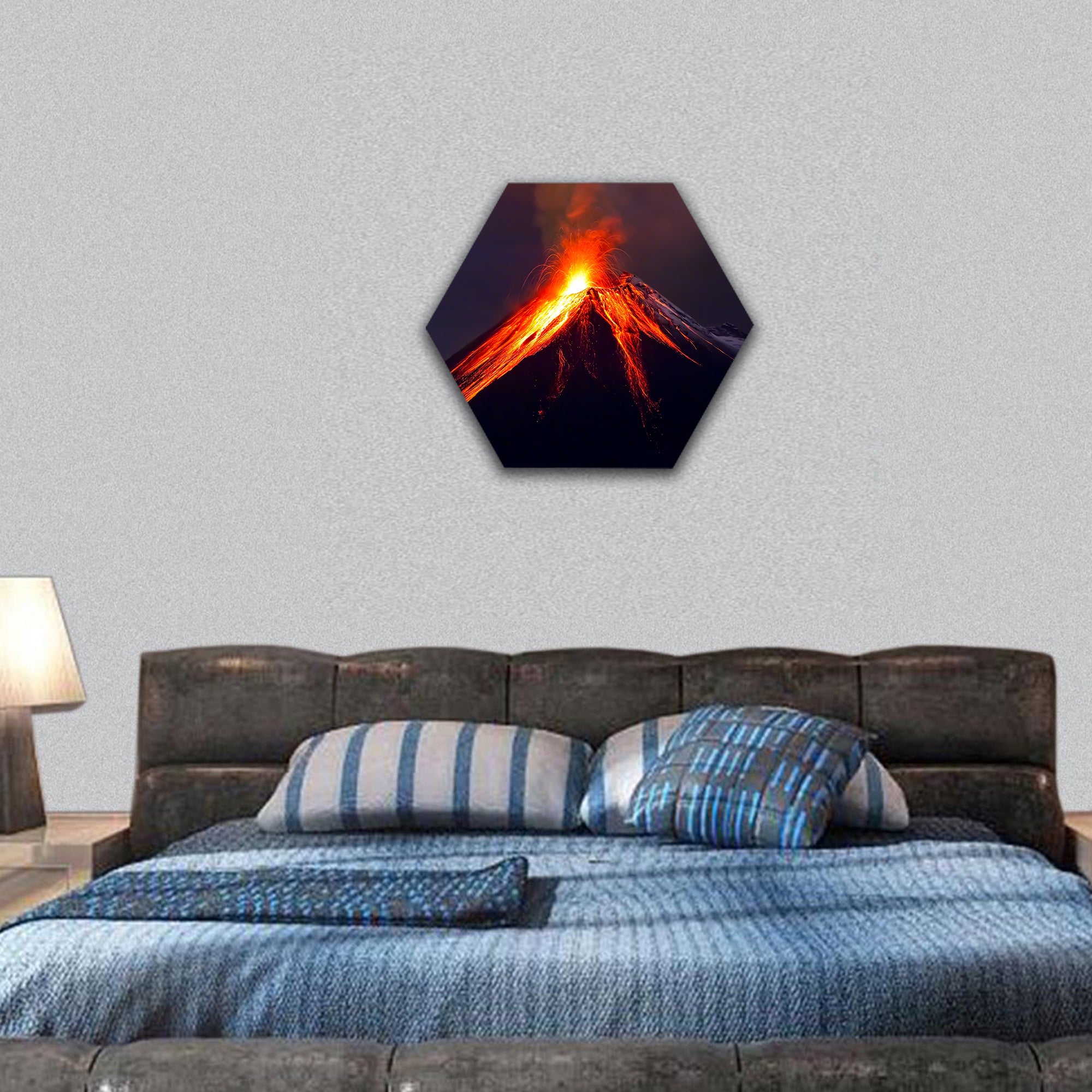 Tungurahua Volcano eruption at night hexagonal canvas wall art