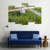 a baseball bat and ball on the grass near a field stripe Multi Panel Canvas Wall Art