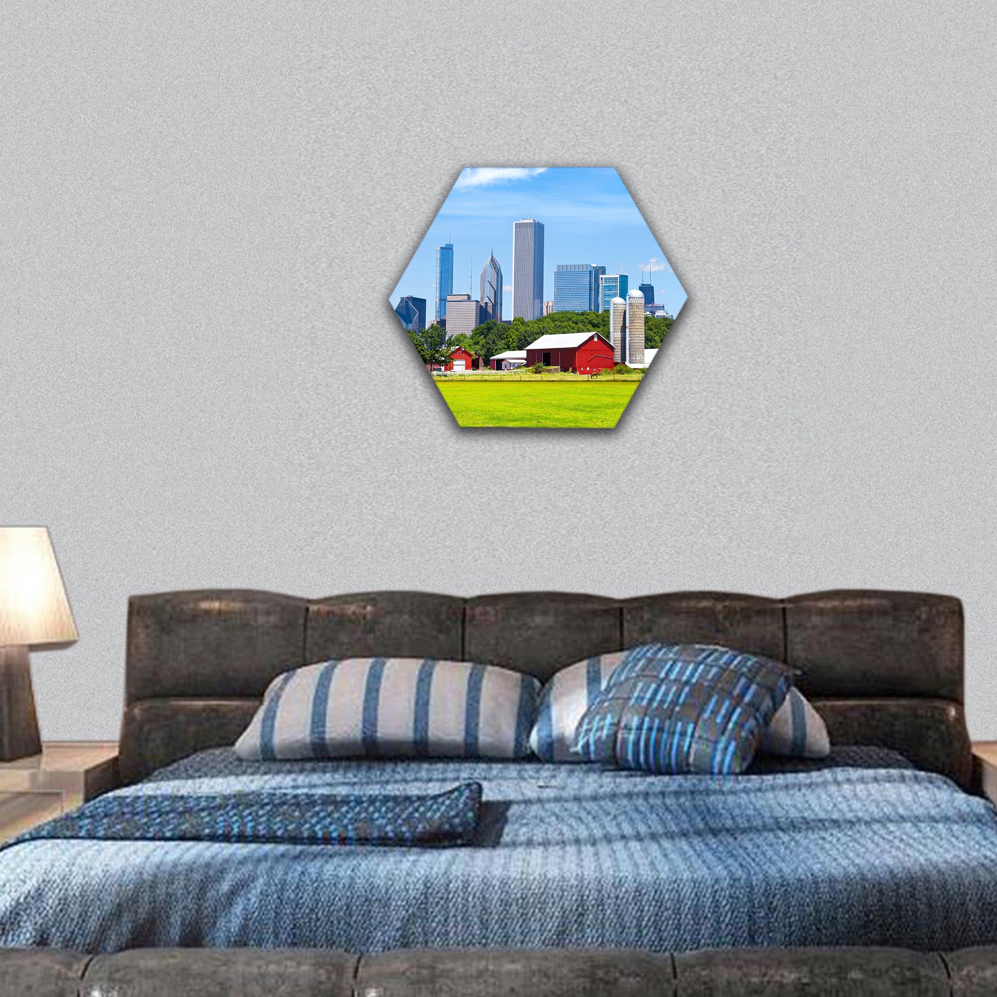 American Red Farm With Chicago Skyline hexagonal canvas wall art