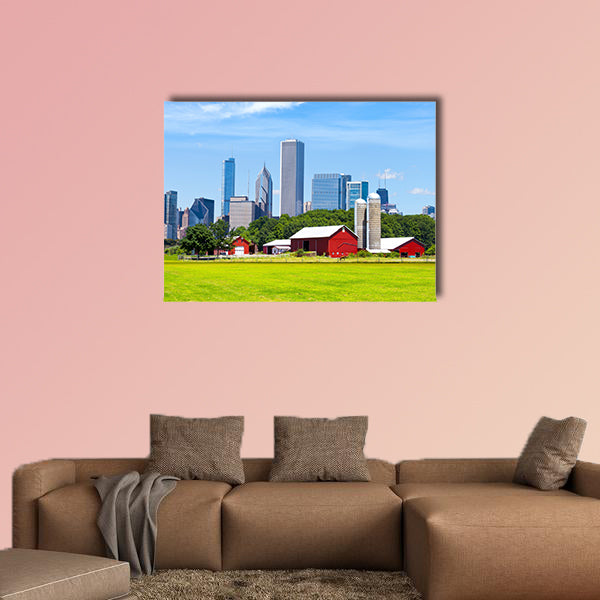 American Red Farm With Chicago Skyline in Background Multi panel canvas wall art